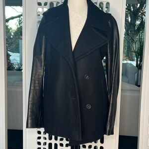 All Saints Wool & Leather Pea Coat Black Sz UK 10 US 6